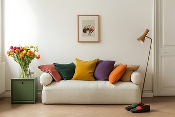 White Sofa Interior With Yellow Pillow Wooden Shelves Flowers Light