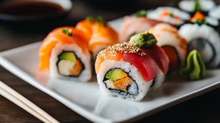 A colorful plate of sushi rolls, garnished with wasabi, ginger, and soy sauce, elegantly presented on a modern plate.