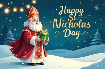 St Nicholas Day Celebration, Festive Sinterklaas Scene, Winter Holiday Cheer, Gift Giving, Festive Lights, December 6 Magic Concept