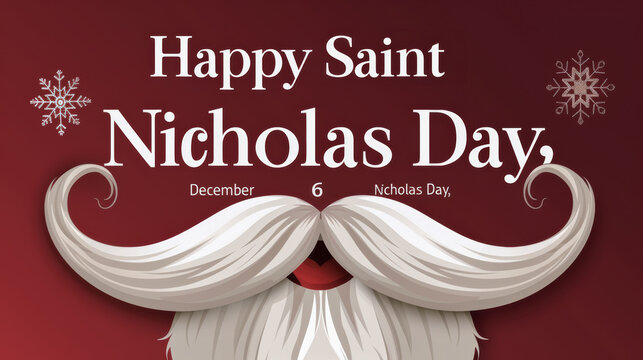 Happy Saint Nicholas Day Celebration Illustrating Festive Spirit on 6 December, Featuring White Mustache, Snowflakes, Holiday Greeting Concept