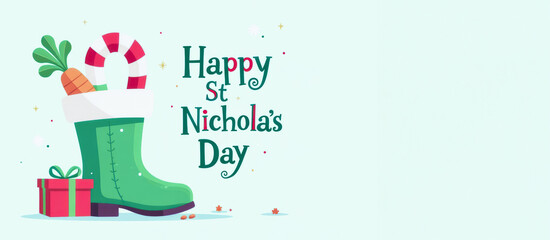 Celebration of St Nicholas Day with Green Boot Carrot Candy Gift Illustration Festive Symbols on 6 December concept