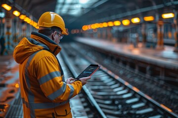 An engineer in high-visibility gear uses a tablet computer on an underground platform, highlighting the fusion of technology and traditional railway industries.