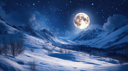 Naklejka premium Full moon shining over snowy mountains with a starry night sky