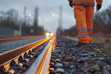 A worker in high-visibility orange attire stands by the illuminated railway track at dusk, signifying hard work, safety, and dedication in a detailed composition.
