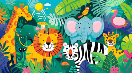 Fototapeta premium Colorful illustration of animals in a cute and playful children's style