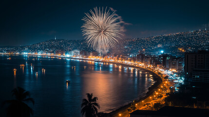 A vivid depiction of the Malecon 2000 with fireworks lighting up the night sky over the Guayas River, with copy space, Independence of Guayaquil
