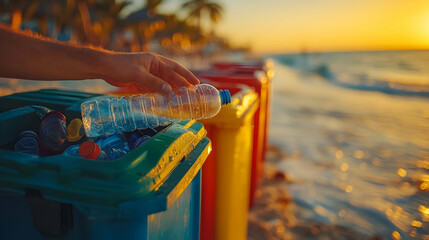 Hand Putting Plastic Bottle in Recycling Bin on Beach at Sunset - Realistic Image