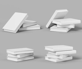3d set of blank paper book stack mockup with white cover render. Isolated realistic template of closed school textbook, pile of bestseller publication, library or bookstore novelty. 3D illustration