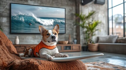 A dog relaxes on a couch in a stylish room with ocean waves on TV.