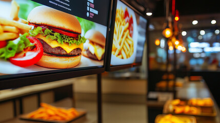 Fast food counter with menu screens displaying burgers and fries, and fresh fries ready to be served.