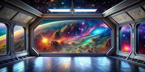 Obraz premium Futuristic spacecraft with large windows showcasing stunning cosmic view of colorful nebulae and stars