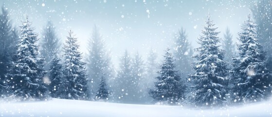 Serene frosty winter landscape with snow-covered fir trees in a tranquil forest setting, perfect christmas background with blurred snowy scenery