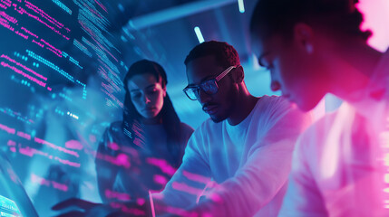 Two people wearing futuristic AR glasses, interacting with a digital interface of glowing data streams.