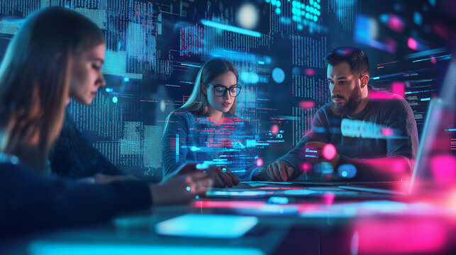 Two people wearing glasses analyzing code or data in a dark environment, illuminated by neon pink and blue lights.
