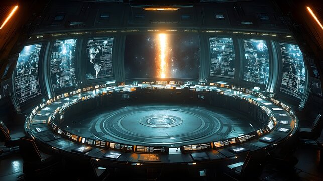 A circular classroom in a futuristic space station, desks arranged in a ring with windows showing outer space, encouraging interstellar academic discussions