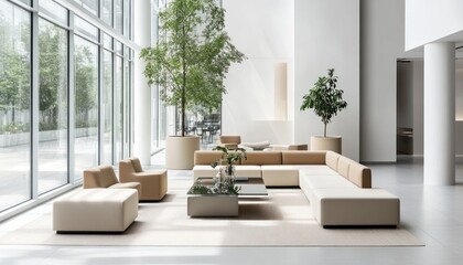 Fototapeta premium A futuristic designed lounge with ergonomic seating, plants, and natural light promotes collaboration 4. Generative AI