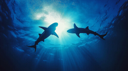 Two sharks swimming in the ocean, silhouetted against the bright light from above.