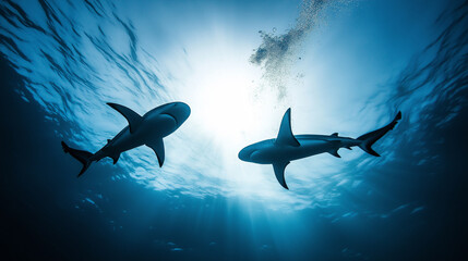 Two sharks swimming in the ocean, silhouetted against the bright light from above.