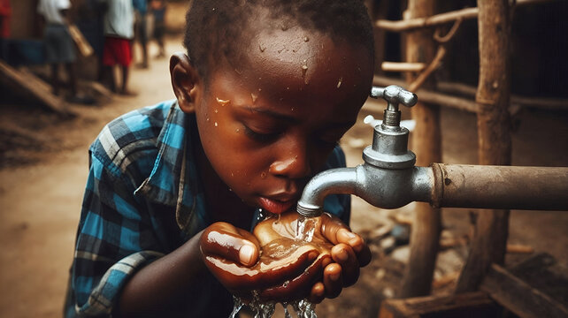 Sad little black African boy drinking tap water with hand from faucet, liquid splashing, thirsty male child or kid in poverty, outdoor village environment, drought because of climate change, scarcity