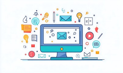 3D illustration of computer with digital marketing icons for Business success growth comprehensive strategy concept.