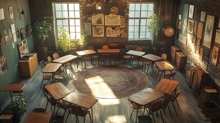 A cozy circular classroom with vintage wooden desks arranged in a ring, surrounded by warm, rustic decor and soft lighting, fostering intimate discussions