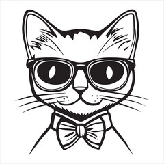A simple T-shirt design featuring an outline drawing of a cat wearing glasses and a bow tie, in a vector art style.
