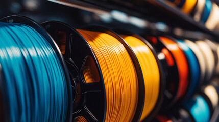 Rolls of industrial cables in black, orange, and blue, displayed in a manufacturing setting.