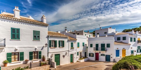 Fototapeta premium Charming village houses and villas set against a sunny sky, showcasing Italian architecture with yellow facades, palm trees, and a picturesque street scene