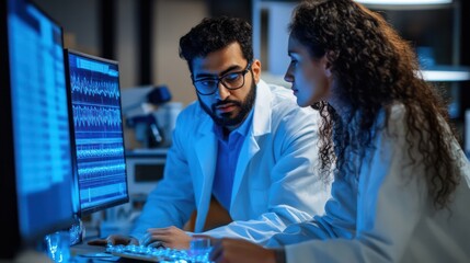 Native American and Middle Eastern engineers developing DNA encryption technologies, securing genetic data from unauthorized access