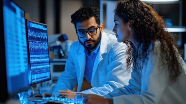 Native American and Middle Eastern engineers developing DNA encryption technologies, securing genetic data from unauthorized access - Powered by Adobe