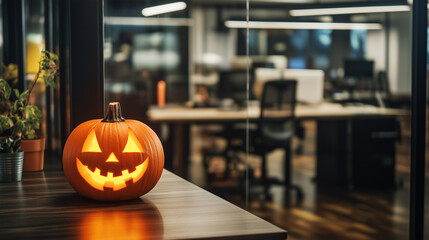 Fototapeta premium A glowing jack-o'-lantern on a desk in a modern office, celebrating Halloween.