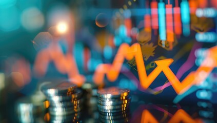 A modern stock market chart background with stacks of coins in front, an arrow pointing upwards, and green candlestick charts going up