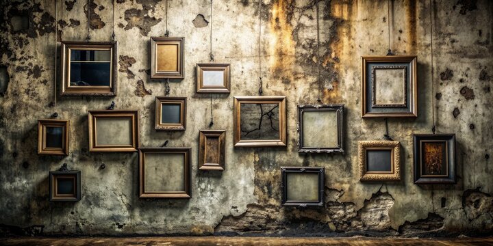 Scary haunted black picture frames hanging on grunge dirty abandoned house wall, spooky, horror, frames, black, haunted, grunge