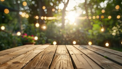 Empty wooden table top with a blurred background of a garden and string lights for product display, bokeh, flare light effect, wide angle shot, professional color grading, soft shadows