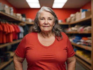 senior women standing confidently in white red on gray background.. AI Generative