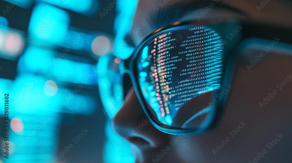 Poster a person wearing glasses with lines of computer code reflected in the lenses.