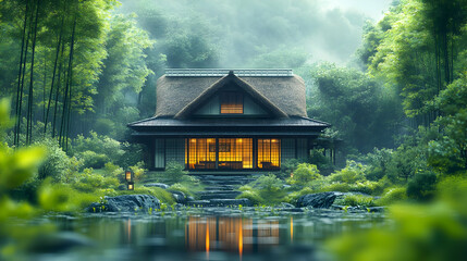 Obraz premium Japanese Style House in a Lush Green Forest with Fog - 3D Illustration