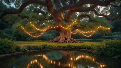 Obraz premium Electric garland on a large tree in the park