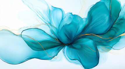 Abstract teal and gold fluid shapes forming a modern, flowing composition.
