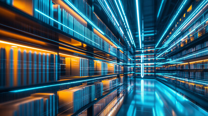 Obraz premium A futuristic corridor illuminated by vibrant blue and orange lights in a high-tech environment.