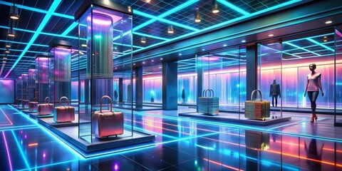 Virtual reality shopping experience with holographic products in a futuristic space, VR, shopping, experience