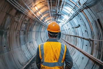 Fototapeta premium Construction Worker Inspecting Tunnel Infrastructure