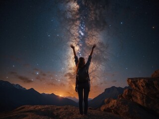 Fototapeta premium silhouette of a standing happy women on the mountain in night sky with stars. AI Generative