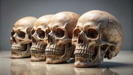 Obraz premium Four realistic human skulls positioned at various angles on a plain background, skull, anatomy, death, Halloween, spooky, horror