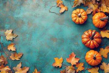 Obraz premium Pumpkins and vibrant autumn leaves arranged on a textured turquoise background, evoking a festive fall and Thanksgiving vibe.