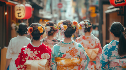 Obraz premium Three women in colorful traditional kimonos, viewed from behind, walking down a street.