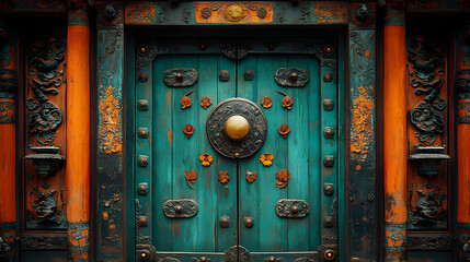 Ornate Teal Wooden Door with Intricate Carvings and Gold Accents Illustration