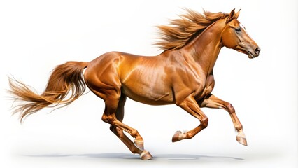 Isolated ginger horse running in full gallop on white background , horse, ginger, isolated, gallop, run, speed, motion, powerful