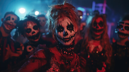 Neon Halloween Party with Skull Face Paint and Glowing Eyes – Spooky Group in Vivid Costumes and Makeup