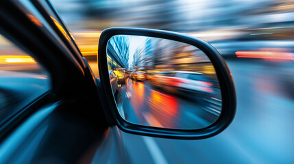 Side mirror view from a speeding car, with blurred city lights in motion.
